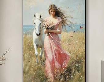 キャンバスに描かれた馬と女性の絵画 馬の少女アート 美しい女性の