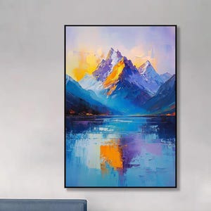 Hand-Painted Mountain Landscape Oil Painting – Gold Textured Abstract Snowy Mountains & Lake Canvas Art for Modern Living Room Decor