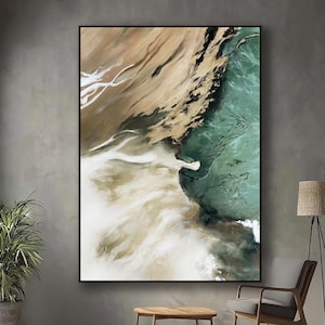 Large Original Green Abstract Oil Painting | Beige Textured Wall Art | Neutral Framed Canvas | Boho Minimalist Wabi-Sabi Home Decor