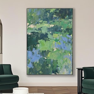 Large green abstract oil painting original green wall art modern impressionist green abstract painting bohemian style living room wall art