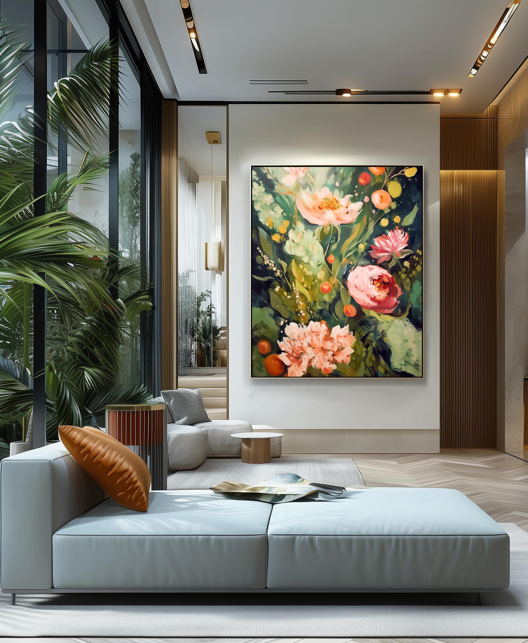 Original Floral Oil Painting on Canvas: Abstract Green Flower Wall Art ...
