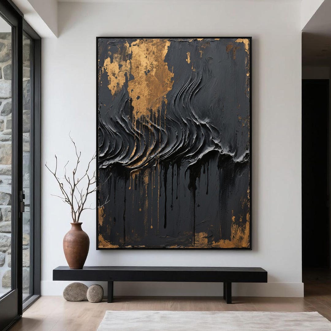 Black and Gold Abstract 3D Textured Painting: Mid-century Modern Wall ...
