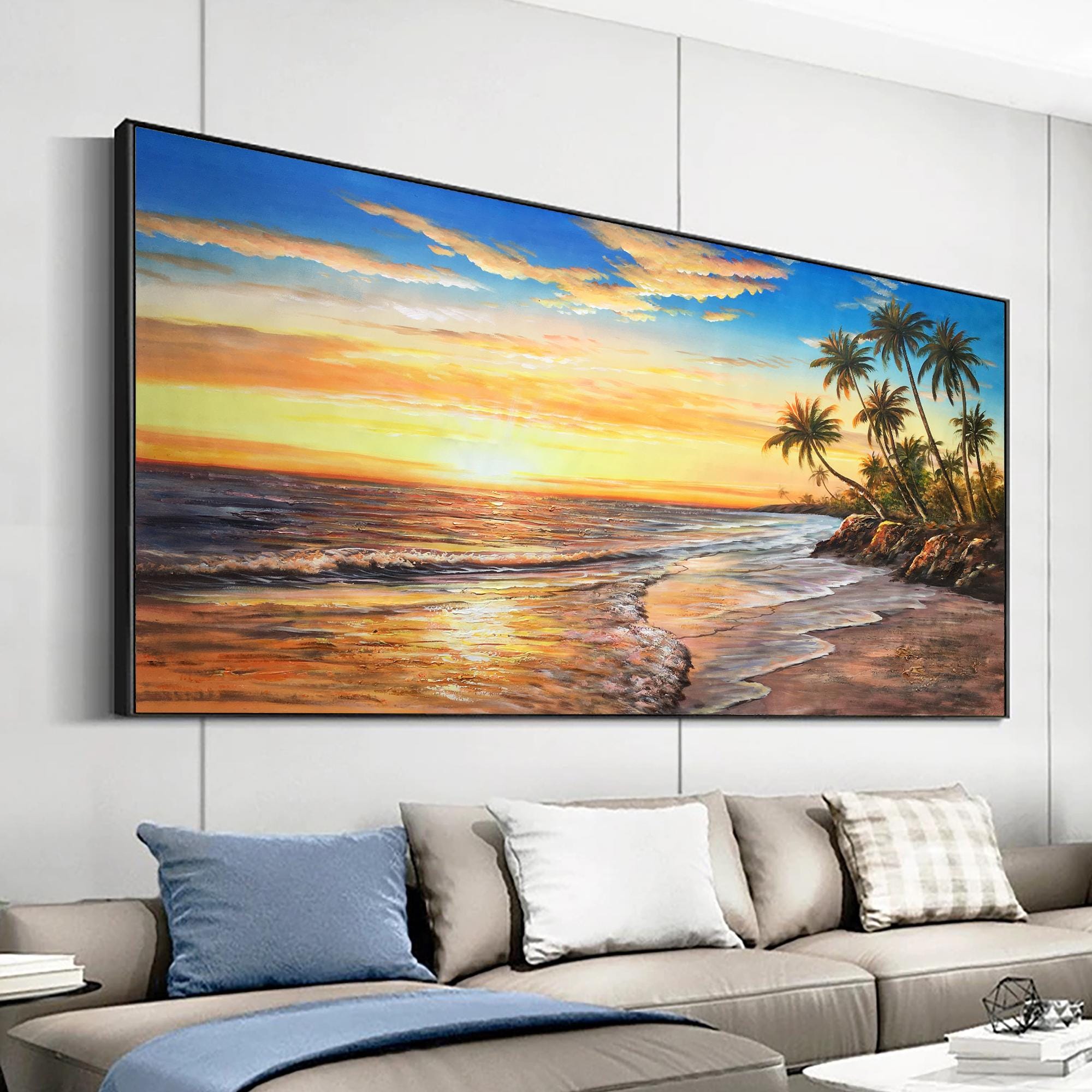 Original Sunset Seascape Oil Painting on Canvas Coconut Tree Beach ...