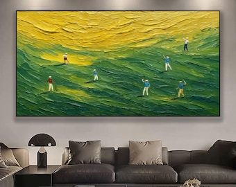 originele moderne groene golfmuurkunst – 3D-getextureerd paletmesschilderij op canvas – uniek eigentijds decor voor golfliefhebbers en sportfans
