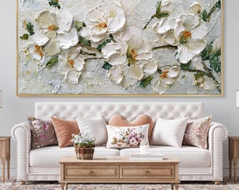 3D Impasto Abstrakte Weiße Blume Ölgemälde auf Leinwand, Grün und Weiß Strukturierte Wandkunst für Wohnzimmer Dekor
