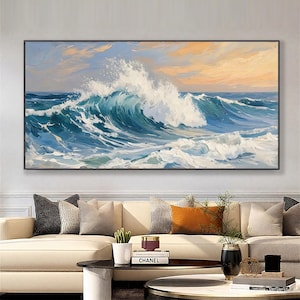 3D Original Ocean Wave Oil Painting On Canvas, Large Wall Art, Abstract Minimalist Painting, Custom Blue Sea Wall Art Living Room Decor Gift