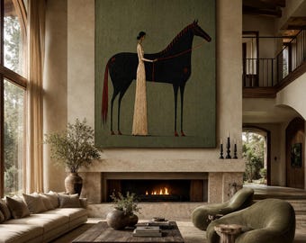 Abstract Woman Horse Rider Oil Painting, Large Equestrian Green Textured Hand-Painted Canvas Wall Art for Living Room Decor