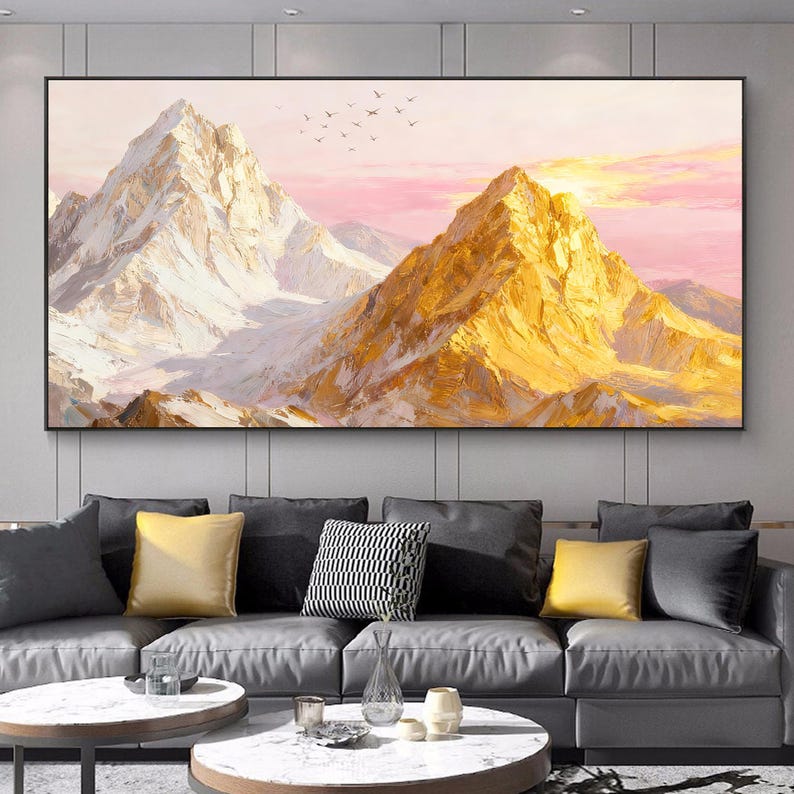 Original Mountain Oil Painting on Canvas 3d Golden Wall Art Minimalist ...