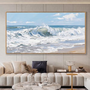 Original 3D White Ocean Wave Textured Canvas, Abstract Minimalist Blue Sea Wall Art, Custom Coastal Painting for Living Room Decor Gift