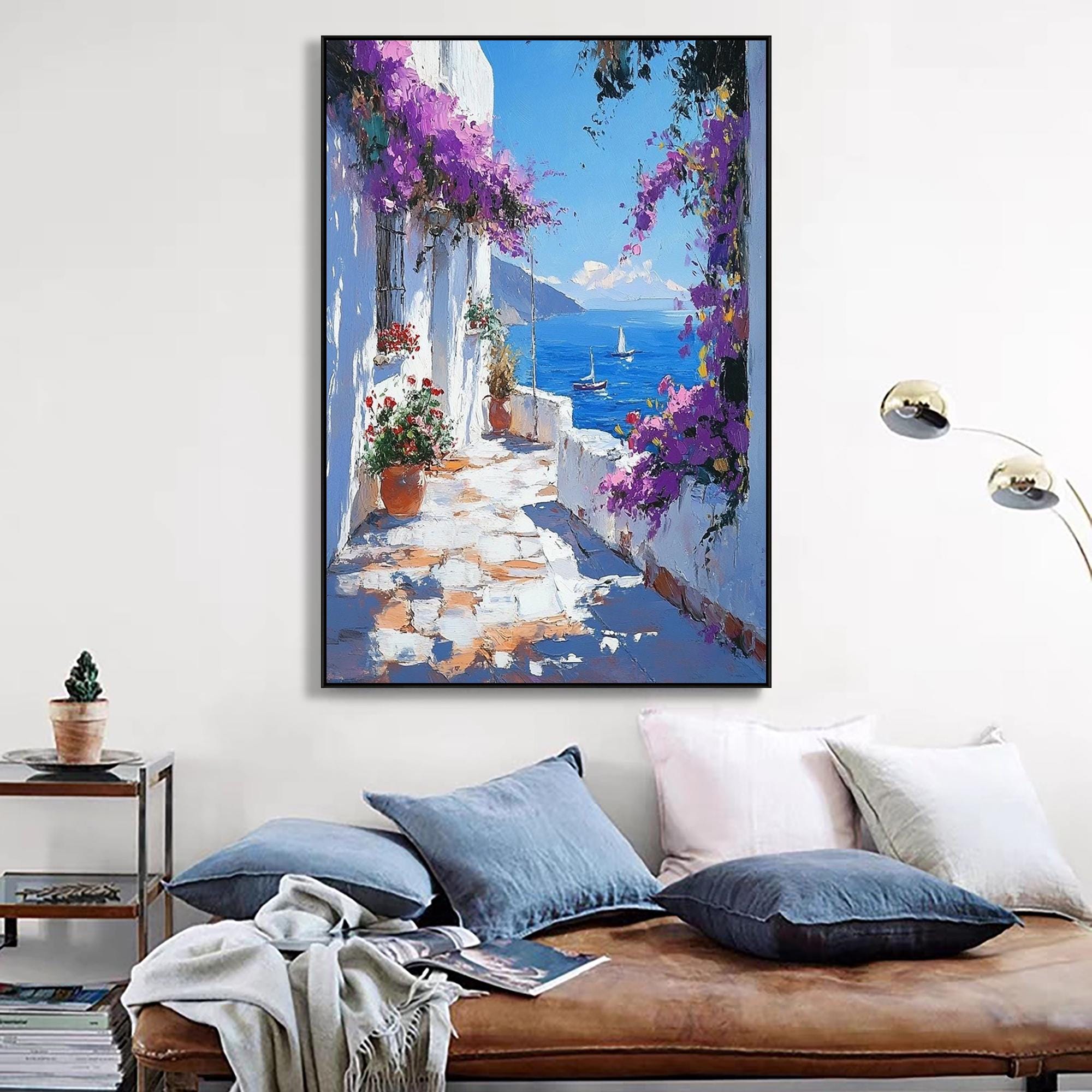 Mediterranean Coastal Town Oil Painting: Bougainvillea Canvas Art