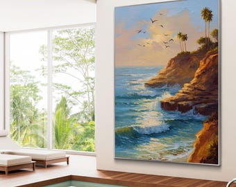 Coastal Sunset Oil Painting: Abstract Seascape Beach Decor