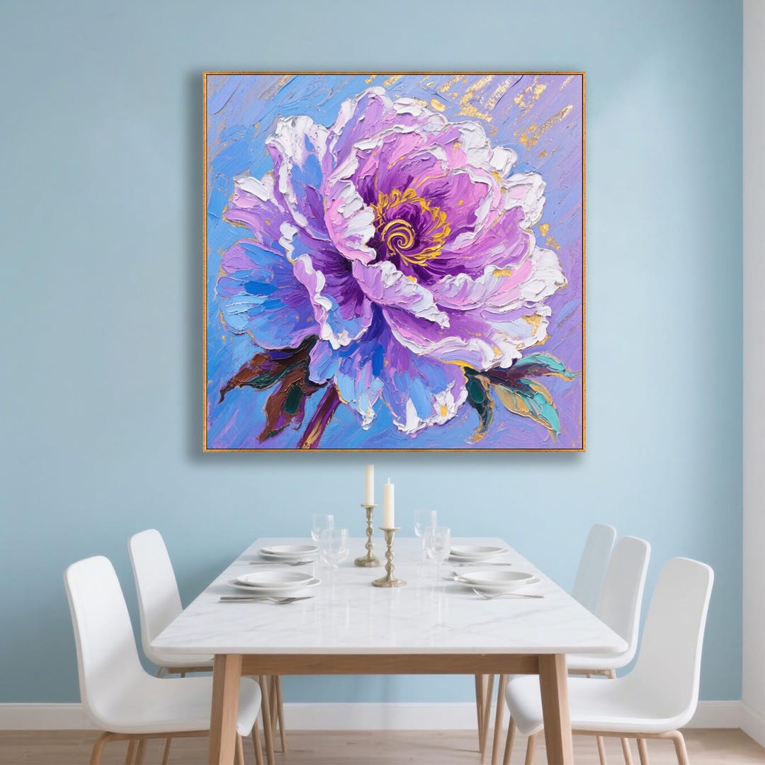 Original Abstract Purple Flower Oil Painting, Framed Textured Floral ...
