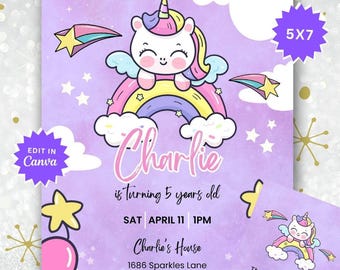 Unicorn Fairytale Princess Birthday Invitation Canva Template