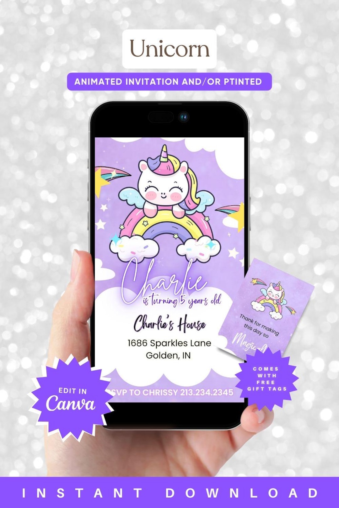 Animated Unicorn Birthday Party Invitation Canva Template - Etsy