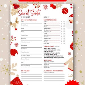 May include: A Secret Santa wish list template with a festive design. The top banner reads "Secret Santa" and "Perfect for Work & Family Events." The form includes sections for favorite things, preferences, and gift card amounts. The bottom right corner has a "Edit in Canva" button.