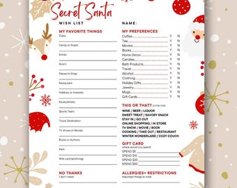 Secret Santa Christmas Wish List Printable for Office Family Gift Exchange Questionnaire Canva Templete