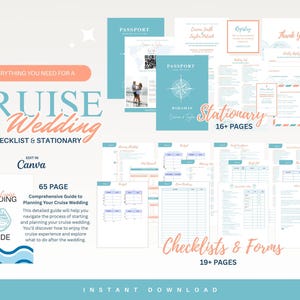 May include: A collection of cruise wedding stationery, checklists, and a guide. The design features a teal and coral color scheme with the words "Cruise Wedding" prominently displayed. Includes a 65-page guide and 16+ pages of stationery.