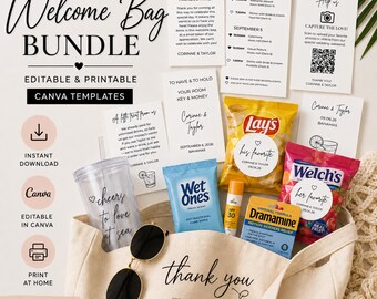 Wedding Welcome Bags Guest Favor Tags Stickers Bundle Canva Template