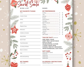 Secret Santa Christmas Wish List Printable for Office Family Gift Exchange Questionnaire Canva Templete