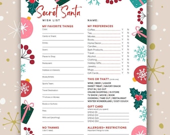 Secret Santa Christmas Wish List Printable for Office Family Gift Exchange Questionnaire Canva Templete