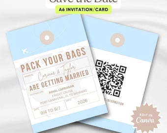 Save the Date Blue Luggage Tag Engagement Invite Canva Template