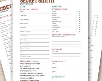 Secret Santa Christmas Questionnaire Printable for Office Family Gift Exchange Questionnaire Canva Templete