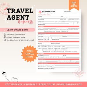 Puede incluir: Un formulario de admisión de clientes de agentes de viajes imprimible con un diseño rosa y blanco. El formulario incluye secciones para la información del cliente, las preferencias de viaje y los detalles de cruceros y hoteles. La imagen también incluye el texto "Travel Agent Business" y "Client Intake Form".
