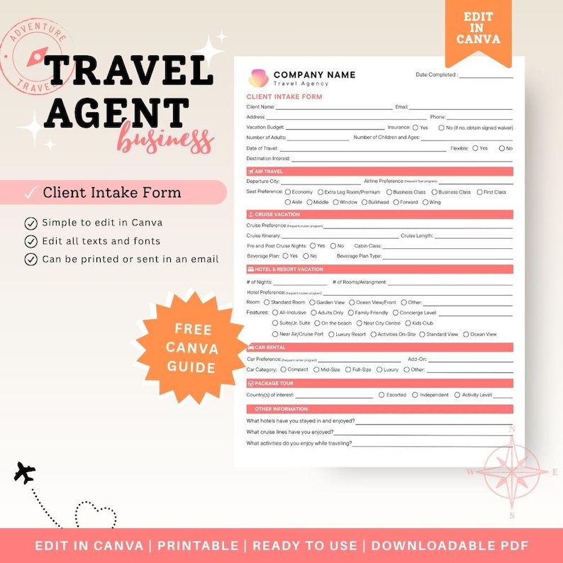Travel Client Intake Form Travel Client Intake Form Template | Editable Canva Design - Etsy
