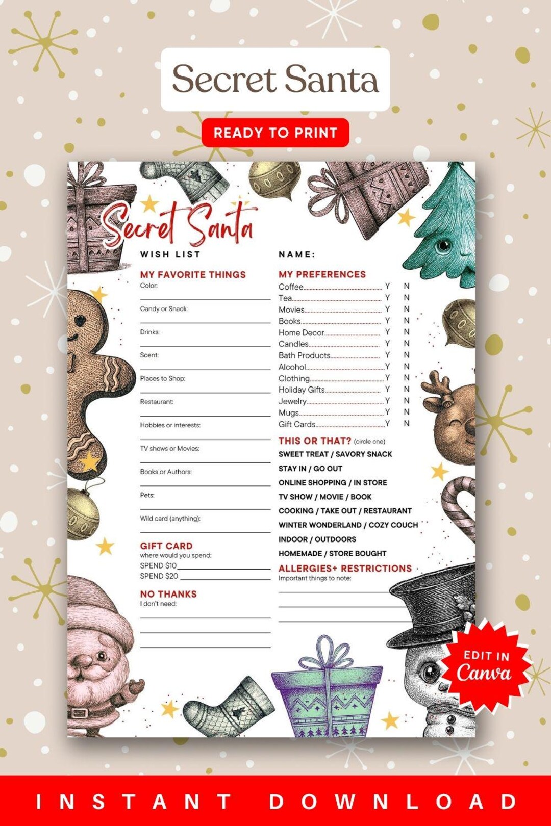 Secret Santa Christmas Wish List Printable for Office Family Gift ...