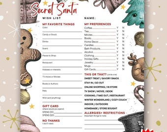 Secret Santa Christmas Wish List Printable for Office Family Gift Exchange Questionnaire Canva Templete