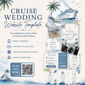 May include: A cruise wedding website template featuring a nautical theme with blue text, palm trees, a cruise ship illustration, a QR code for a live demo, and various digital cards including travel details, registry, itinerary, and a checklist.