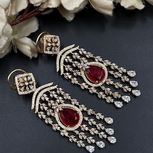 Luxury Ruby Red Crystal Long Earrings for Women | Gold Plated American Diamond Party Wear Dangler Earrings