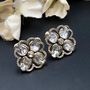 Kundan CZ Floral Stud Earrings | Antique Gold Finish, Geometric Statement Jewelry