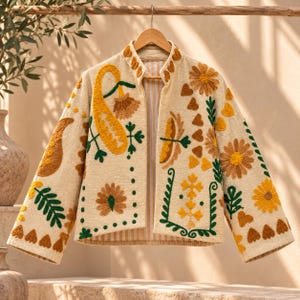 Puede incluir: Una chaqueta beige de manga larga con cuello mao y frente abierto. La prenda está decorada con motivos florales y de cachemira bordados en tonos amarillo, mostaza, marrón y verde, con un forro a rayas visible en el interior.
