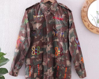 Hand-Embroidered Camo Military Jacket - Upcycled Vintage Army Shirt - Boho Festival Coat