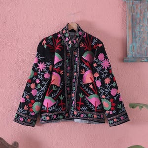 Handmade Black Velvet Suzani Jacket: Bohemian Embroidered Coat