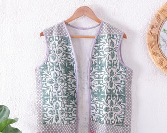 Ręcznie robiona pikowana bawełniana kamizelka, kurtka z ściegiem kantha, kamizelka z nadrukiem w indyjskim stylu, kamizelka w stylu boho