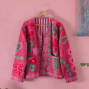 Hand Embroidered Velvet Suzani Jacket: Boho Floral Folk Art Coat