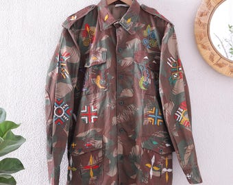 Vintage Embroidered Camo Jacket: Upcycled Boho MilitaryJacket