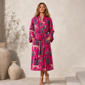 Hot Pink Velvet Jungle Leopard Kimono Robe with Pockets | Luxury Loungewear Duster