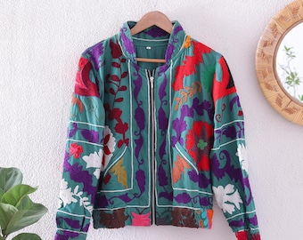 Suzani Embroidered Jacket, Bohemian Bomber jacket, Boho Floral Zip Up Coat