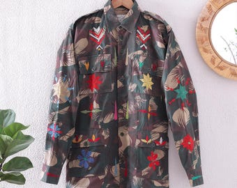 Embroidered Vintage Camo Jacket |  Bohemian Floral Military Shirt | Reclaimed Army Utility Button-Down Jacket