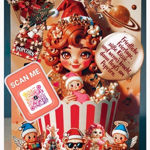 May include: A festive illustration featuring a cartoon girl with red hair, surrounded by Christmas-themed elements. Includes popcorn, angels, a Santa hat, and a QR code that says "SCAN ME". The image has a warm, inviting color palette.