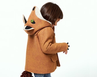 Fox Coat, Kids Wool Toggle Coat, Children’s Hooded Fox Jacket, Hooded Jacket with Fox Ears