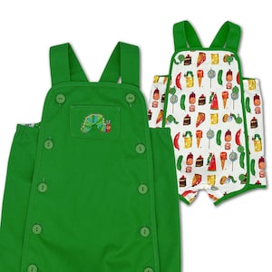 Green Romper with The Very Hungry Caterpillar Embroidered on the front with image of romper reversed to a colorful print fabric on the other side.