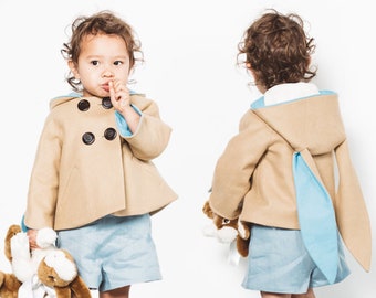 Little Rabbit Coat/ Toddler Bunny Jacket/ Camel and Blue Wool Bunny Coat/ Luxe Little Rabbit in Blue/ Little Goodall Bunny Coat