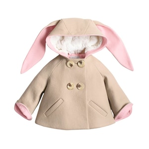 Bunny Coat in Beige and Pink, Girls Bunny Jacket, Toddler Animal Jacket, Children's Outerwear, Hood with Rabbit Ears, Classic Tailored Coat