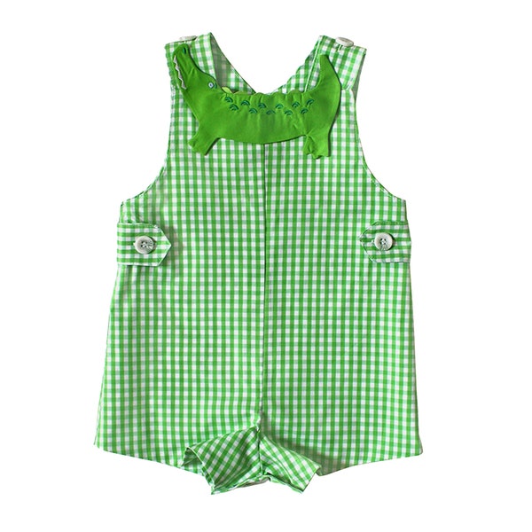 Green Alligator Romper, Gingham Gator Shortall, Crocodile First Birthday Onesie, Zoo Birthday Party, Summer Baby Gift, Cake Smash Outfit