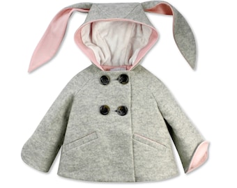 Manteau lapin pour fille en laine grise et rose/manteau lapin héritage/veste lapin luxe/vêtements d'extérieur pour fille