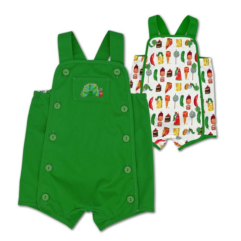 Green Romper with The Very Hungry Caterpillar Embroidered on the front with image of romper reversed to a colorful print fabric on the other side.